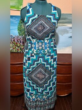 Angie Boho Rayon Yellow & Teal Tribal Print Summer Maxi Dress Size Large